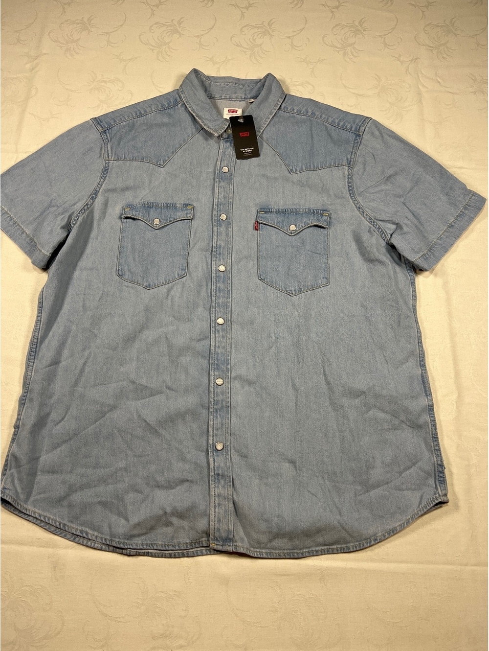 Levis The Barstow Western Short Sleeve Light Wash Pearl Button Down Shirt XL